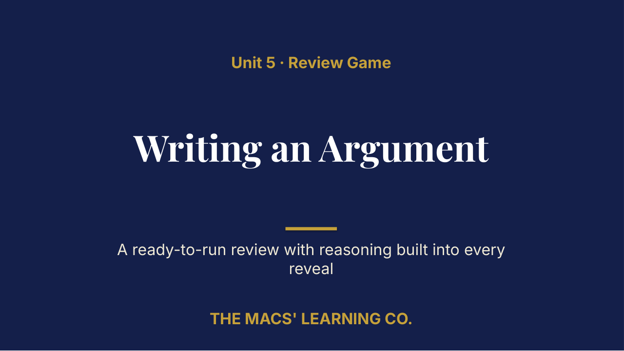 Grade 9 ELA Unit 5: Writing an Argument Review | Editable PowerPoint: original title sample, PDF page 1.